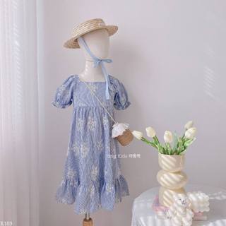 Váy xanh hoa trắng tay bồng lưng đan dây K189