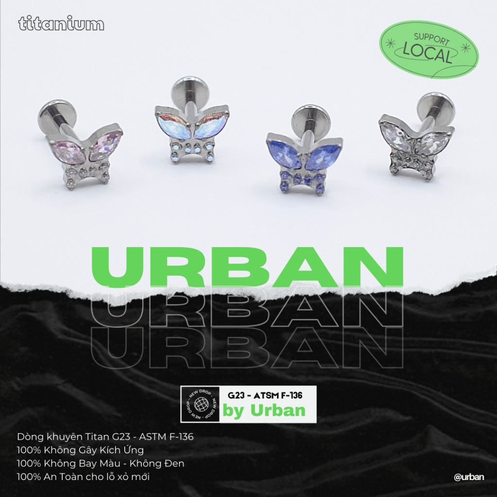 [1 Mặt Khuyên] Khuyên tai, chất liệu titan G23 F136 BUTTERFLY NHUYỄN Không Ngứa Không Bay Màu urban 