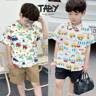  Set sơ mi họa tiết oto chất liệu thô mềm mại phối cùng quần kaki thấm hút mồ hôi tốt cho bé 9-30kg TH24B012