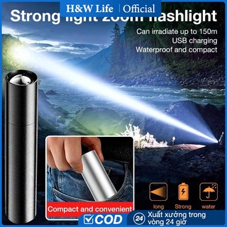 Hw đèn pin led mini đa năng 2000mah zoom siêu sáng, tầm chiếu sáng xa, đèn pin usb sạc ipx4 chống nước