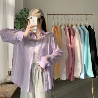 Áo sơ mi nữ dài tay voan mỏng khoác ngoài đi biển oversize nhiều màu, Áo khoác đi biển voan tơ giấy trong suốt