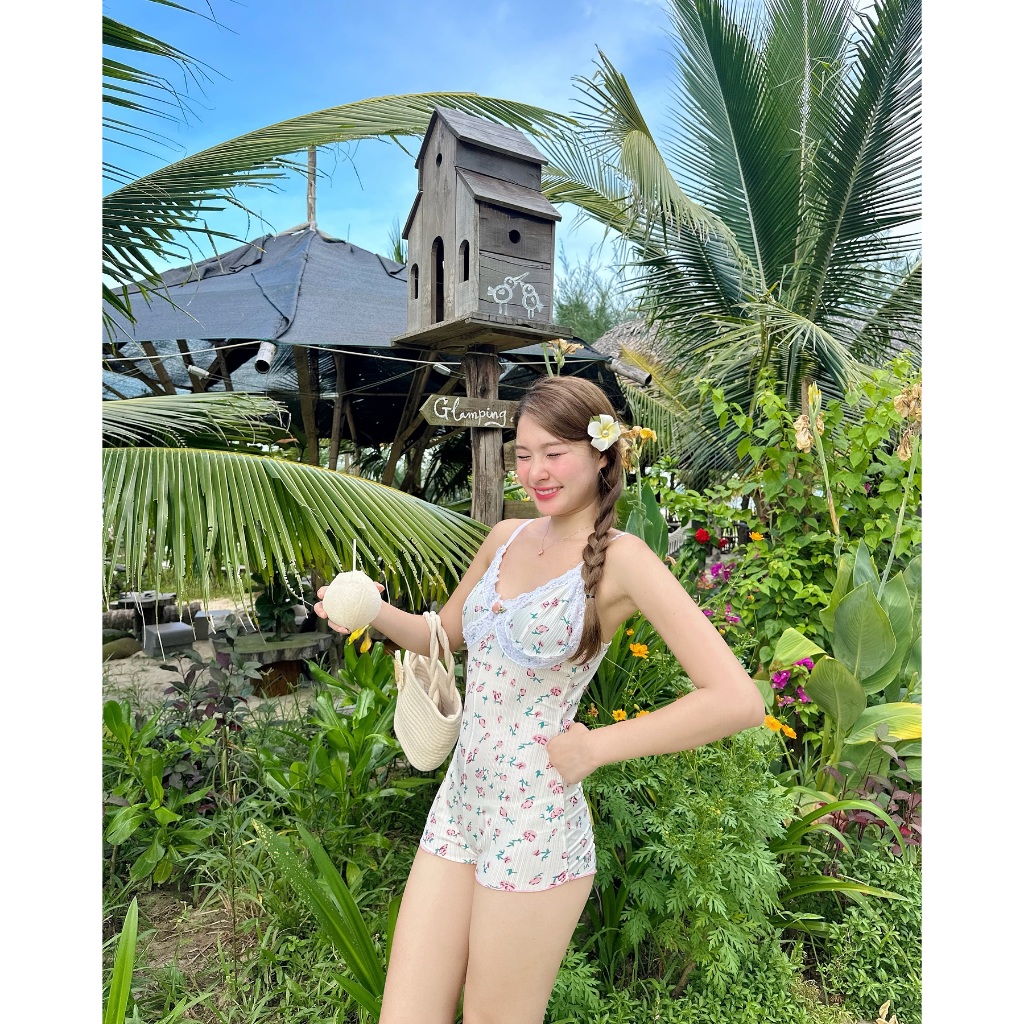 Bodysuit hoa nhí đi biển  phối ren nữ 1 lớp mỏng, Set áo liền quần ôm sát sexy quyến rũ cho nữ không đệm mút - Mã M08 | BigBuy360 - bigbuy360.vn