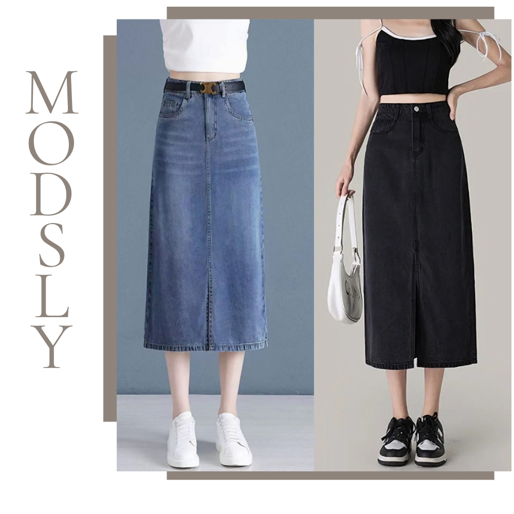 Chân váy jean dài Shop jean CV038 cạp cao dáng dài, chân váy bò kaki xẻ trước dài phong cách