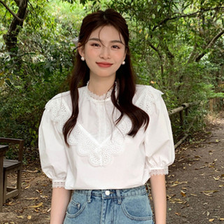 Áo sơ mi trắng nữ tay ngắn cổ viền ren thanh lịch, áo sơ mi nữ kiểu thiết kế phối rennhàn quốc 928