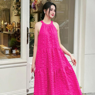 Đầm nữ maxi dáng dài xòe cổ yếm nhún tầng VIEN TRAN O63M24H013
