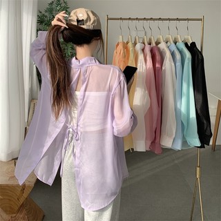 Áo sơ mi nữ voan mỏng khoác ngoài xẻ lưng buộc nơ đi biển, Áo khoác đi biển chống nắng voan mỏng quyến rũ