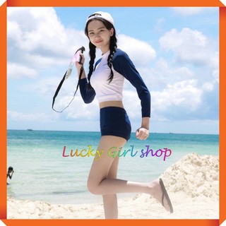Bikini Bộ Bơi Đồ Bơi Nữ Áo Croptop Tay Dài Kèm Quần Đùi Kiểu Dáng Thể Thao Free Size Dưới 60kg - Lucky Girl shop