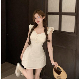 Đầm Kem Ren Hoa Phối Nơ Trên (sẵn)