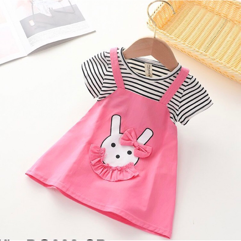 Váy Bé Gái, Váy Cotton kẻ Phối Đũi Màu Hồng BiBo Kids Cho Bé Gái 10-23kg