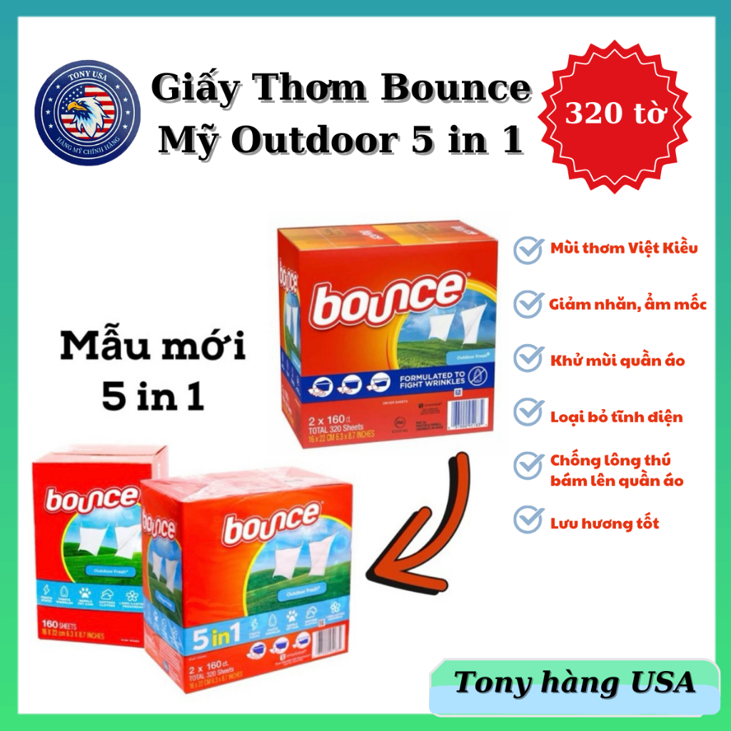 1 Tờ Giấy Thơm Bounce Mỹ Outdoor Fresh 5in1, làm thơm tủ đồ, quần áo, vali - Tony Hàng USA