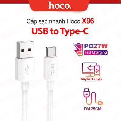 Cáp sạc nhanh PD27W USB to Type-C Hoco X96 dùng cho Android truyền dữ liệu, nhỏ gọn tiện lợi , dài 25cm
