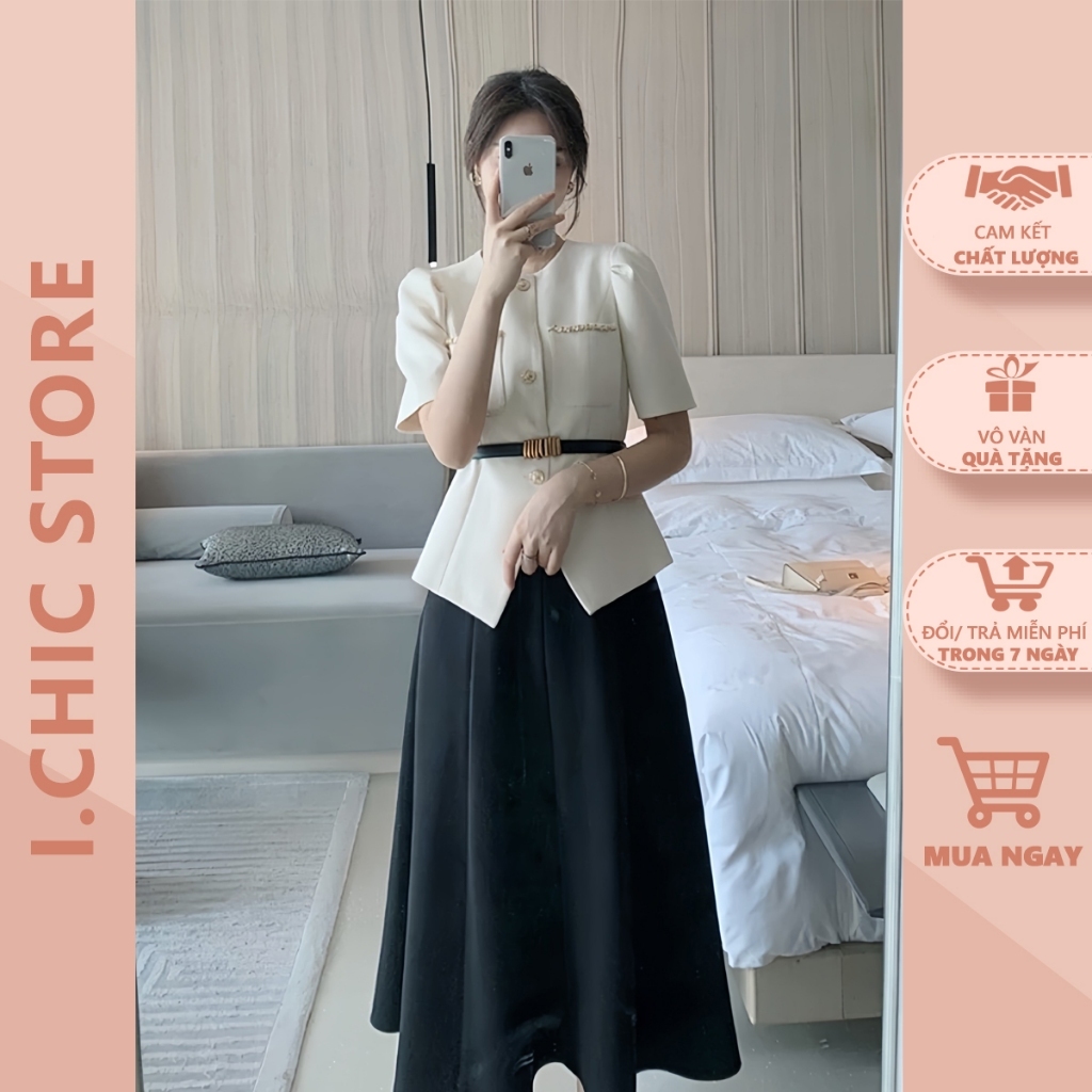 Set Áo Váy Công Sở S019 ICHIC Dáng Peplum Sang Chảnh Cổ Tròn Cúc Ngọc, Cao Cấp ẢNH THẬT (KHÔNG ĐAI)
