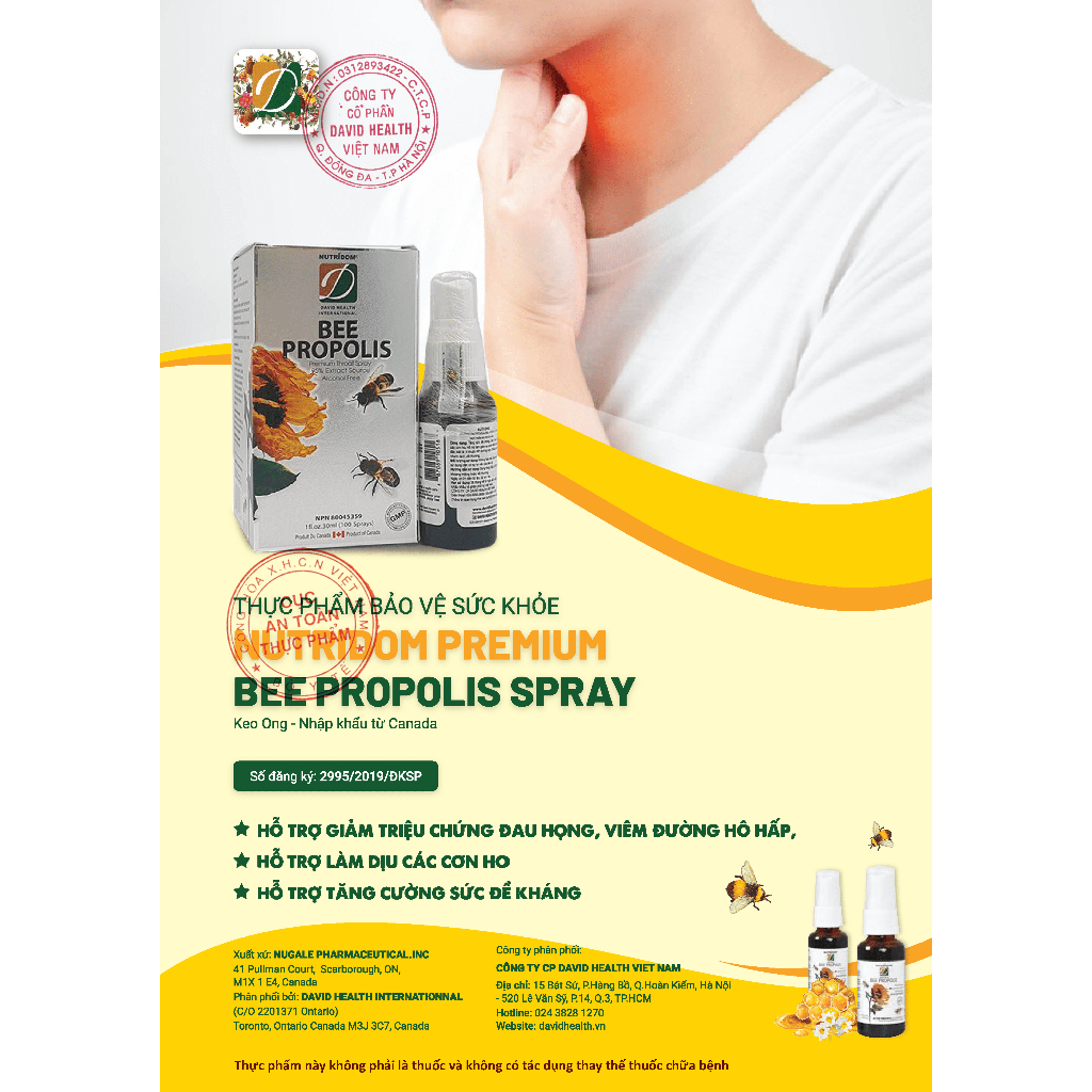 Xịt Họng Keo Ong Bee Propolis David Health Lọ 30ml