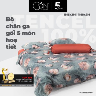 Bộ chăn ga gối 5 món gòn bedding lụa tencel 60s hoạ tiết 1m6x2m - 1m8x2m