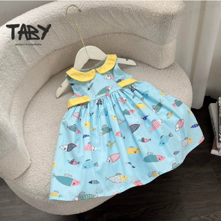  Váy sát nách thắt nơ họa tiết cá sinh động cổ sen dáng xòe dễ thương dễ mặc cho bé gái từ 9-26kg OP2422