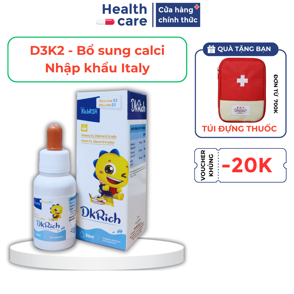 D3K2 nhỏ giọt DkRich ( Italya) - Bổ sung vitamin D3, vitamin K2, hấp thu canxi, tăng chiều cao cho t