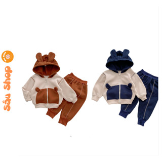 Bộ Áo Khoác Quần Nỉ Thu Đông Cho Bé SÂU SHOP, Bộ Nỉ Bông Tai Gấu Cao Cấp Cho Bé Trai Bé Gái Từ 6-28kg