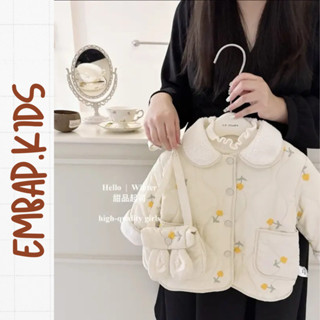 Áo khoác cổ bẻ hoạ tiết hoa cho bé Embap order, áo khoác phao hoạ tiết hoa kèm túi cho bé gái