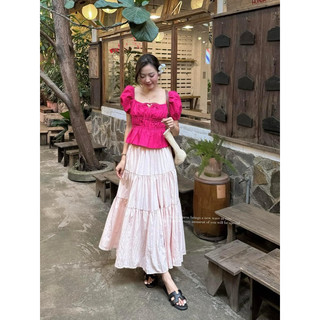 Set áo linen nhún chân váy midi tầng hồng