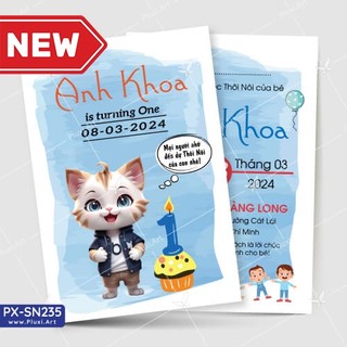 Thiệp thôi nôi - sinh nhật bé Trai tuổi Mèo - Mẹo, In nội dung, Thiệp Pluxi