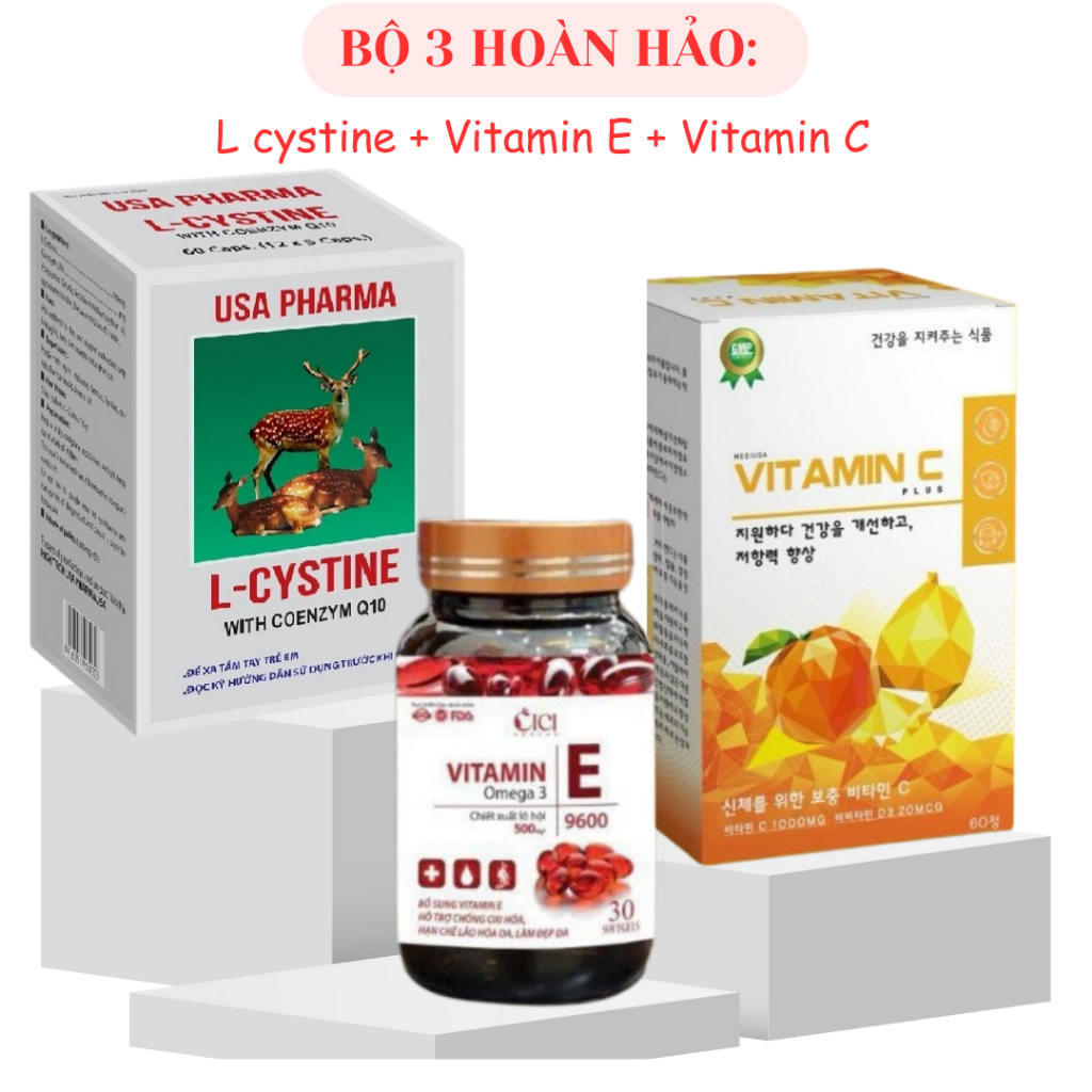 Combo mọc tóc, chống lão hoá da, trắng da, cải thiện nội tiết tố L cystine, Vitamin E, Vitamin C, liệu trình 1 tháng
