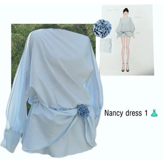  Váy sơ mi kẻ lệch vai đính nơ tay dài kiểu dáng mới2024 Nancy dress (tặnh kèm quần) C114