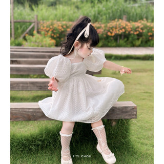 Juni dress P'ti chou | Váy thiết kế bé gái tay bồng hoa trắng 10kg ~ 20kg