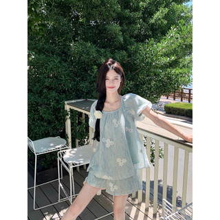 Set bộ đồ gồm áo tay bồng babydoll + quần short ngắn xanh hoa Yannie