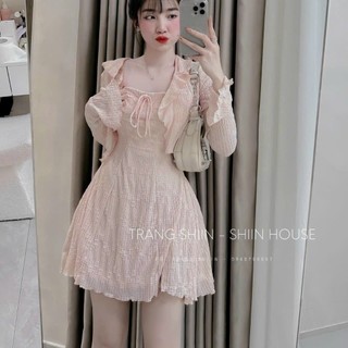 Set đầm thời trang nữ dự tiệc sang trọng chất len ren đầm dây thắt nơ ngực kèm khoác ngoài tay loe dáng chữ A dài mini