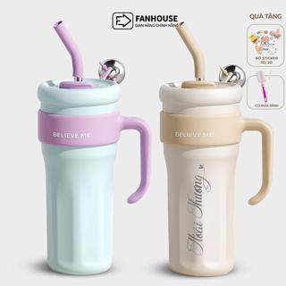 Ly giữ nhiệt cao cấp inox 316 Believe Me 1250ml, cốc giữ nhiệt có ống hút Fan House tặng kèm sticker 2D, 3D, cọ rửa bình