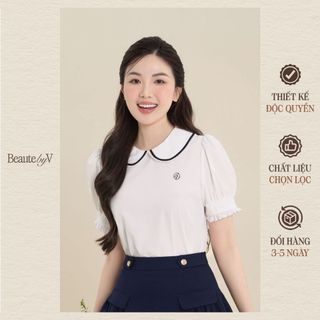 Beautebyv - áo sơ mi nữ cổ tròn phối ren grace