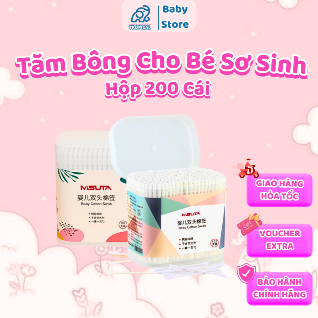 Tăm bông cho bé sơ sinh, hộp 200/400 que Misuta/ V-coool / Molli .