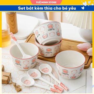 Bát sứ cute set 2 bát kèm thìa họa tiết heo dễ thương