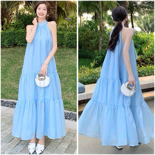 Đầm váy maxi đi biển cổ yếm xanh biển kèm tặng nơ xuongvnxk, váy dạo phố (kèm hình thật)