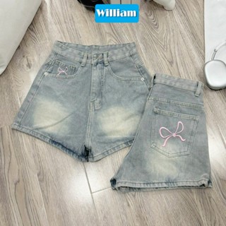 ( Có big size) Quần short jean nữ lưng cao chất denim không co giãn thêu nơ túi trước sau William - AT479
