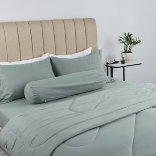 Bộ 5 món ga, áo gối kèm mền cotton nhung Jun Store 03 màu xanh pastel Zelena