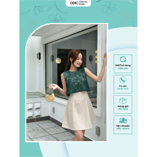 Đầm kem sát nách ODS thiết kế thân ngoài crop ren hoa xanh cổ vịt, dây kéo sau trẻ trung cá tính - DT3