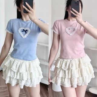 Áo thun nữ form ôm phối ren trái tim coquette dễ thương - sanjoli - new8