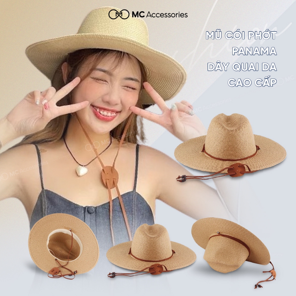 Mũ Cói Rộng Vành Phối Dây Da JCT07 MC Accessories Kiểu Nón Cói Cowboy Rộng Vành Che Nắng Đóng Hộp To