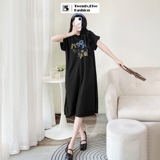 Đầm suông nữ Twentyfive cổ tròn, tay hến, in chữ open 6038