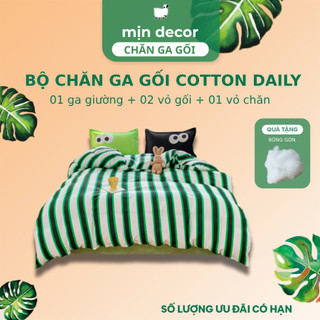 Bộ Chăn Ga Gối Cotton 3D Poly Mịn Decor, Hoạ Tiết Kẻ In 3D Dễ Thương, Bo Chun Đệm 20cm Đến 30cm