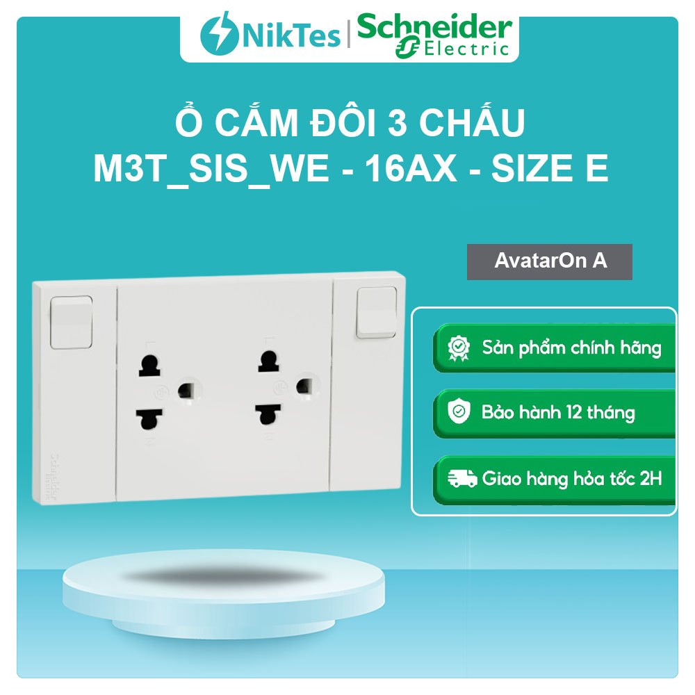 Bộ ổ cắm đôi M3T_SIS_WE Schneider - 3 chấu - 16AX - size E - có công tắc - IP20 - Bảo hành 12 tháng