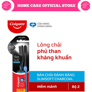Bộ 2 Bàn chải Colgate SlimSoft Charcoal than hoạt tính kháng khuẩn siêu mềm mảnh