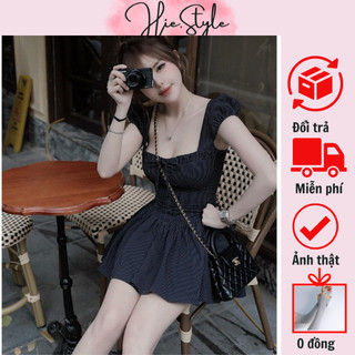 Váy Kẻ Nơ Xanh Than Tay Bồng Tiếu Thư Có Lót Quần Siêu Xinh