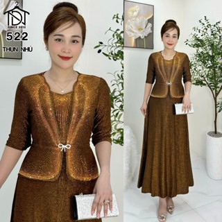 Đầm liền MAXI dạ hội trung niên chất nhũ kim sa co giãn cực tốt cho mẹ dự tiệc sang trọng bigsize 80KG M522