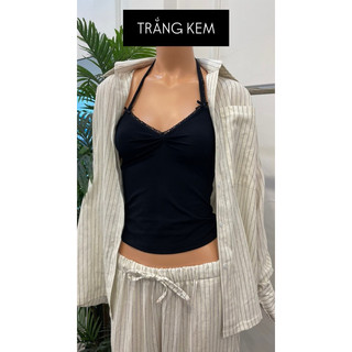 Vintagegout • papaaaxcicii | áo kẻ sọc - áo thun 2d viền ren đen - quần kẻ sọc