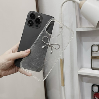 Ốp lưng TRONG nhũ kim tuyến viền camera NƠ KIM LOẠI cạnh vuông chống ố bẩn cho 7 đến 15promax