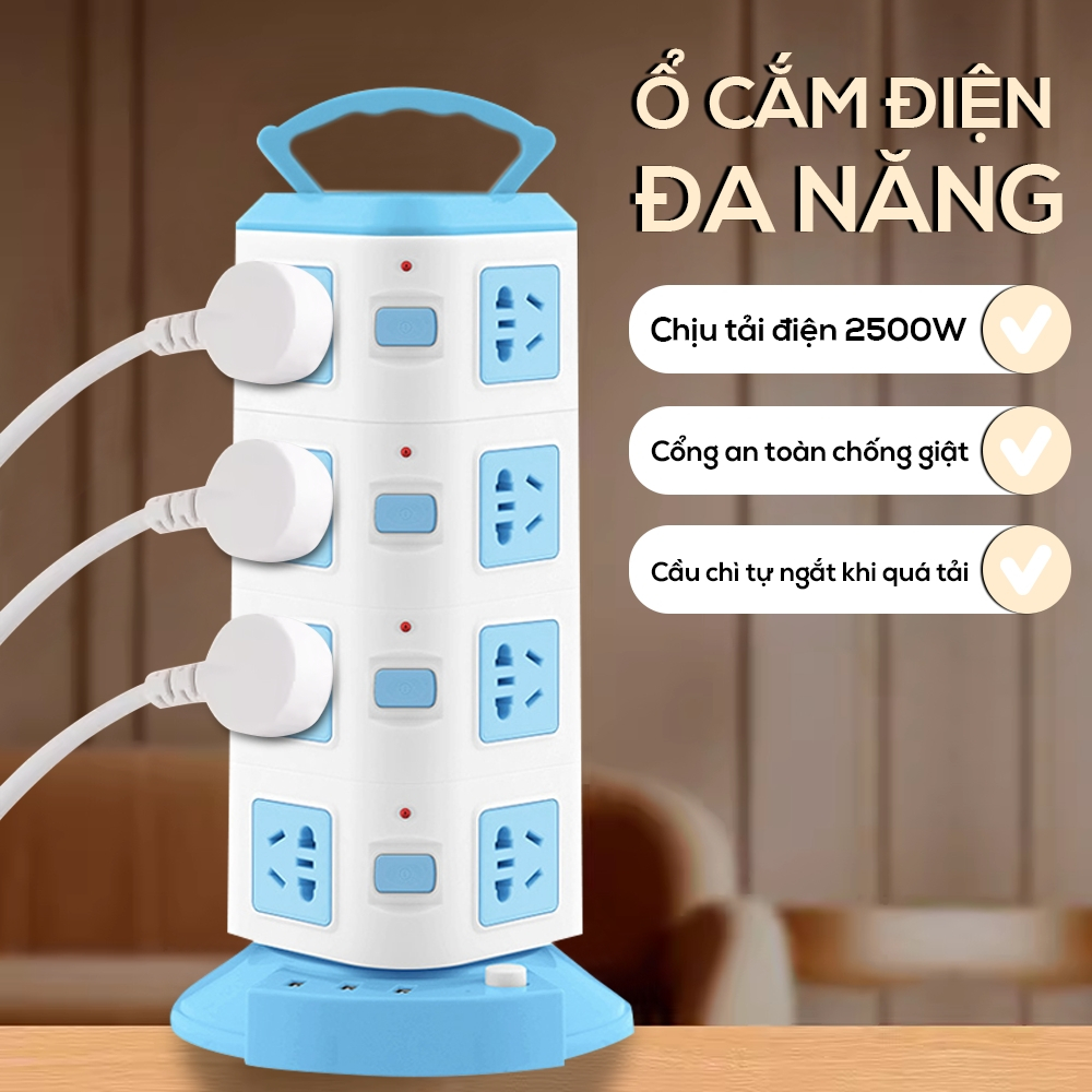Ổ Điện Đa Năng 2 Tầng, 3 Tầng, 4 Tầng Dây Dài 2M, Ổ Điện Thông Minh Có Cổng Sạc USB, Ổ Chia Điện, Ổ 3 Chấu Chống Giật