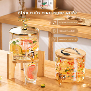 Bình thuỷ tinh có vòi, bình đựng nước thủy tinh 2.5l và 3,5l kèm kệ gỗ, bình nước thủy tinh có vòi chịu nhiệt