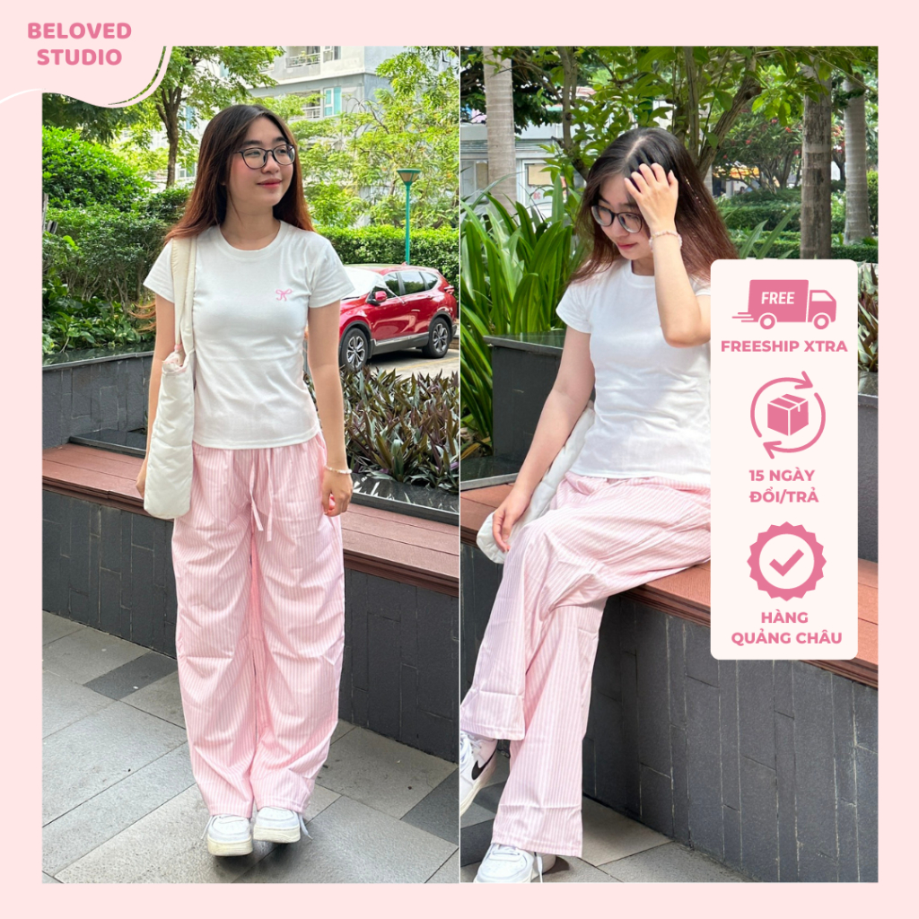 Quần ống suông form rộng dáng dài vải cotton thô họa tiết sọc kẻ hồng xanh đi biển phối màu pastel dễ thương